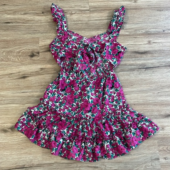 SHEIN VCAY Purple & Blue Floral Print Ruffled Self-Tie Cut Out Mini Dress - Picture 10 of 12